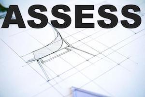 sketch of a chair with the word 'assess' in large black lettering
