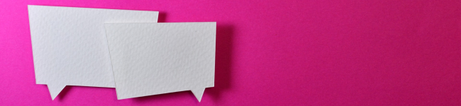 two speech bubbles over a pink background
