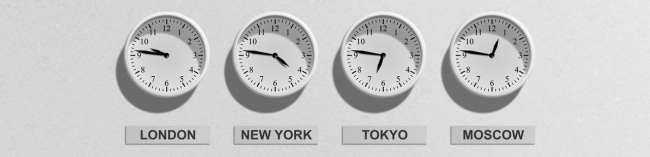 four clocks with different times for london new york tokyo and moscow